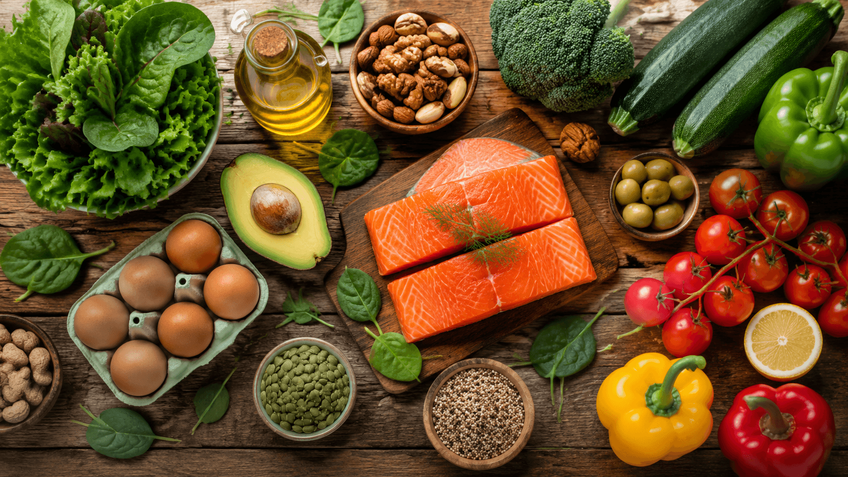 Tavolo con alimenti low carb: verdure verdi, avocado, uova, salmone e frutta secca