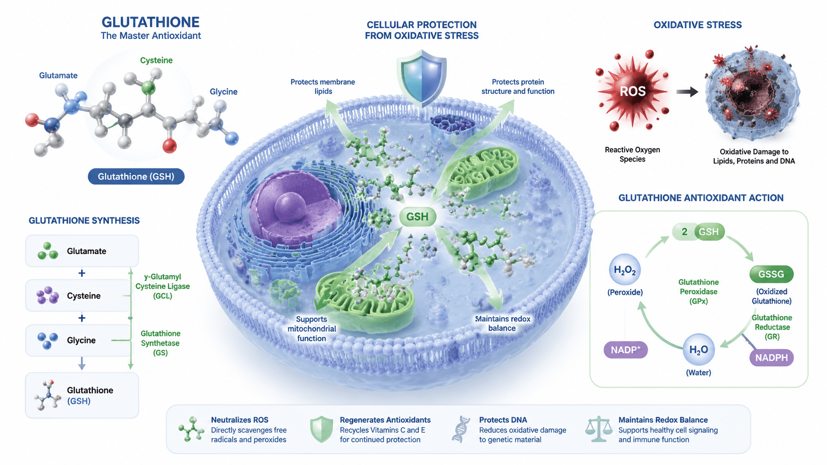 Rappresentazione scientifica del glutatione e delle sue funzioni antiossidanti a livello cellulare