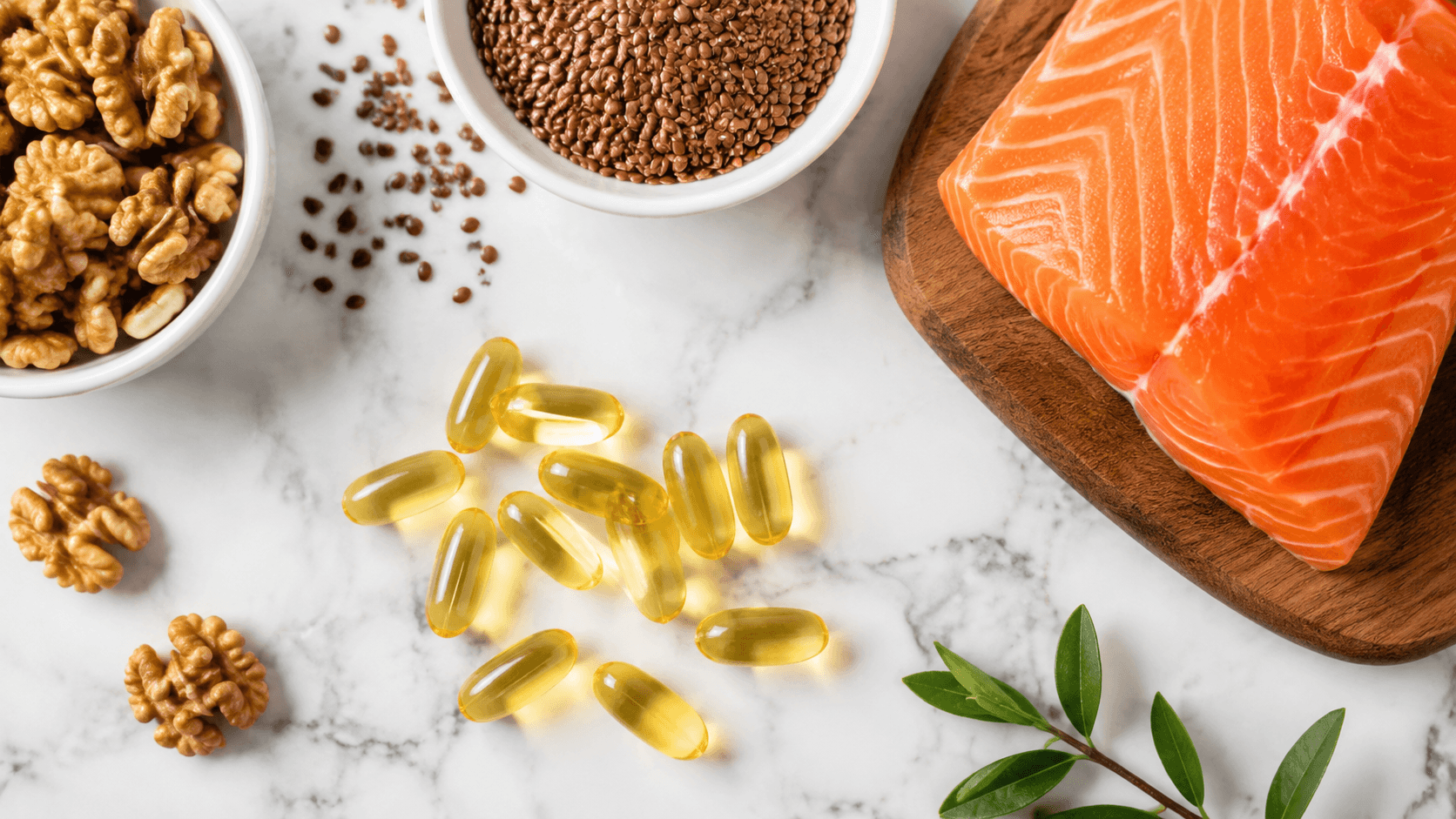 Capsule di omega 3 con pesce fresco e frutta secca su superficie naturale